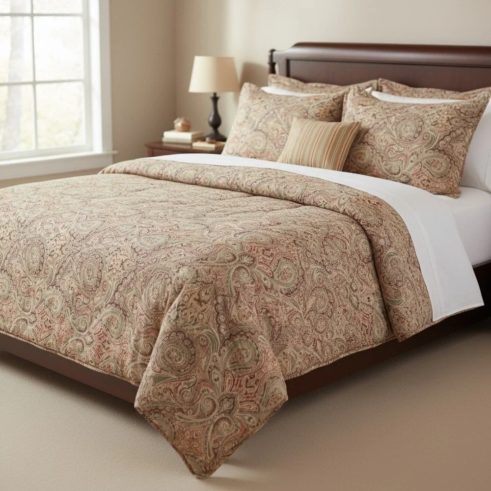 LRL Lauren Ralph Lauren Red Gold Paisley Teal Full Queen Comforter 2 Shams Skirt